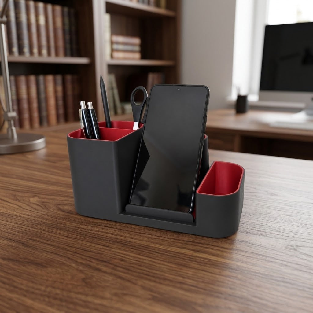 Bureau organizer met telefoonhouder – zwart/rood