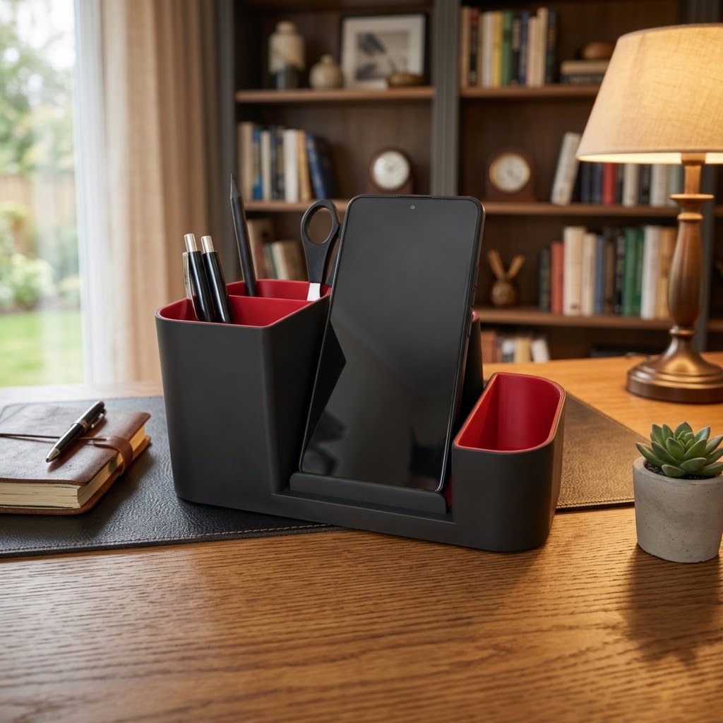 Bureau organizer met telefoonhouder – zwart/rood