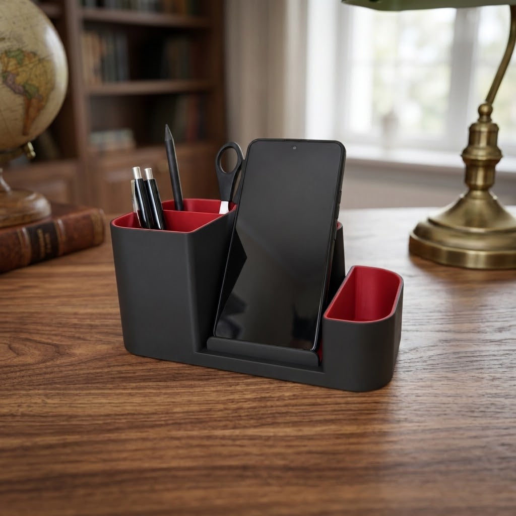 Bureau organizer met telefoonhouder – zwart/rood