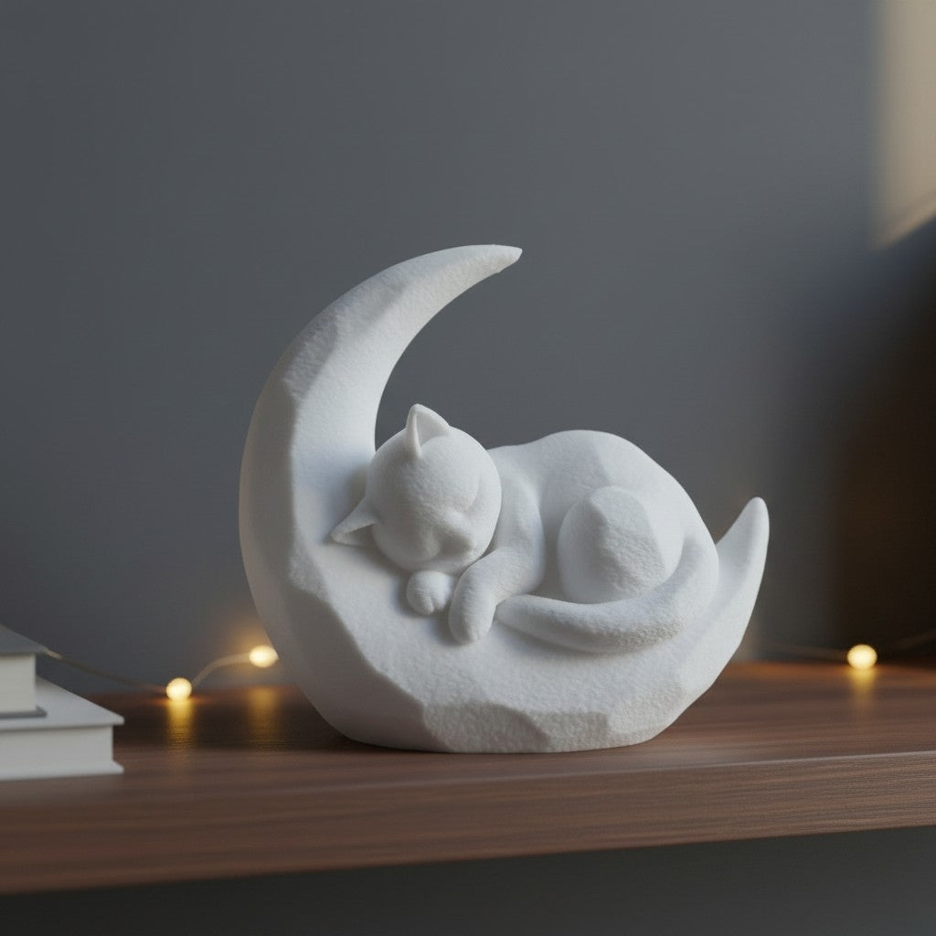 Slapende Kat op Maan – Decoratief Beeld | Minimalistische Woondecoratie