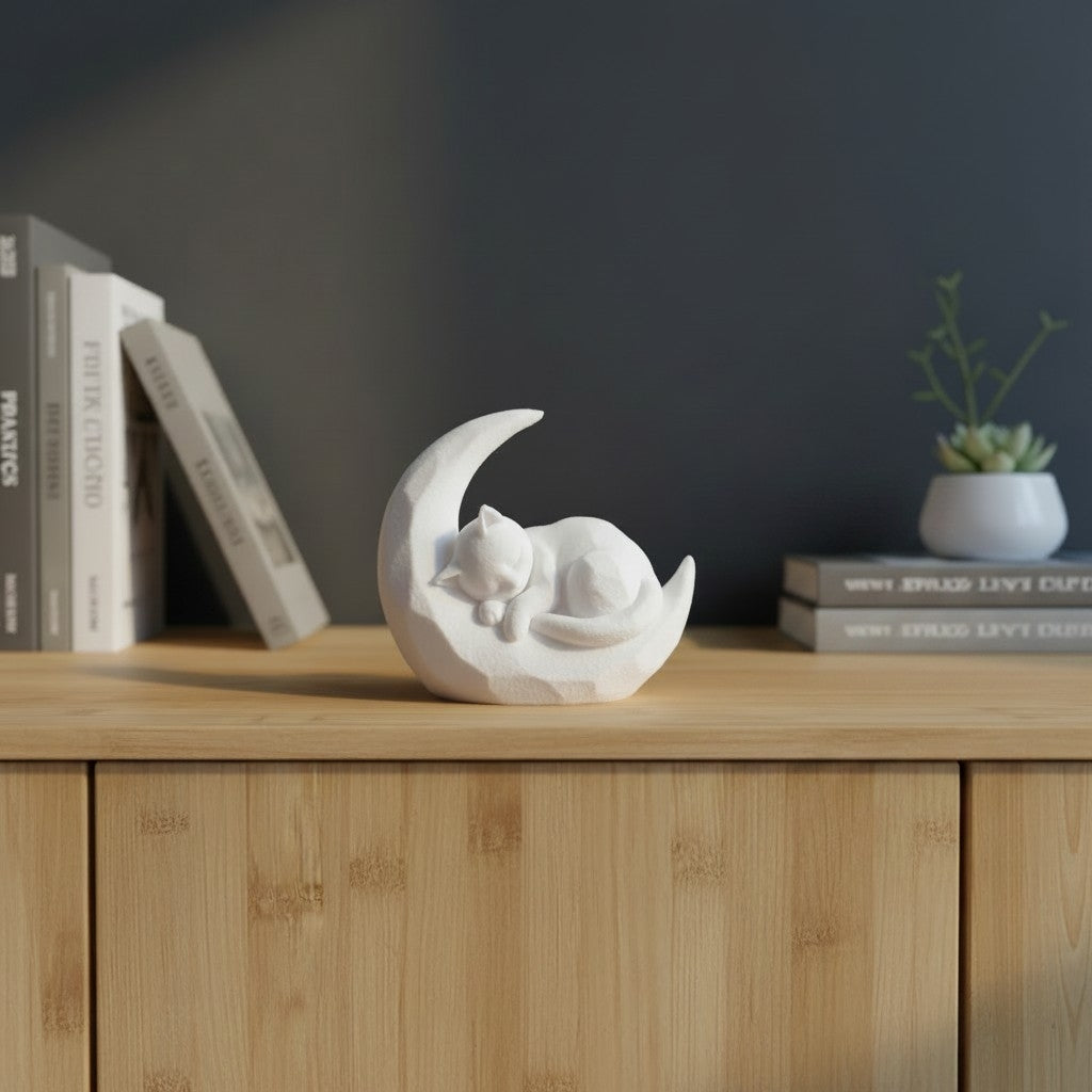 Slapende Kat op Maan – Decoratief Beeld | Minimalistische Woondecoratie